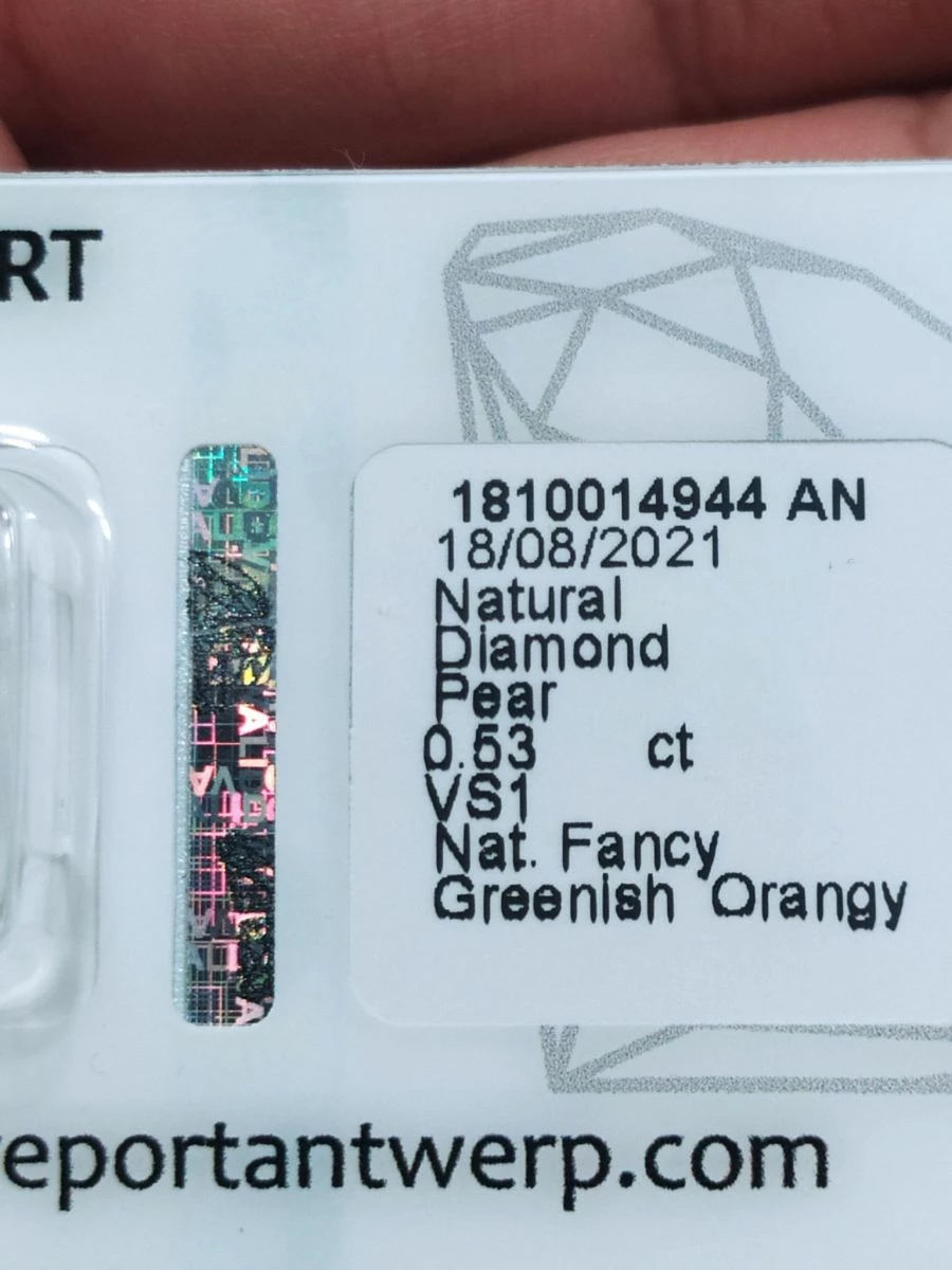 Vendora πωλειτε απο συλλεκτη πολυτιμων ορυκτων λιθων μοναδικο σπανιότατο αστραφτερο διαμάντι 0,53 Ct σε σχημα Pear Vs1 Clarity χρωματος Fancy Greenish Orange 5 Vendora πωλειτε απο συλλεκτη πολυτιμων ορυκτων λιθων μοναδικο σπανιότατο αστραφτερο διαμάντι 0,53 Ct σε σχημα Pear Vs1 Clarity χρωματος Fancy Greenish Orange - Image 3