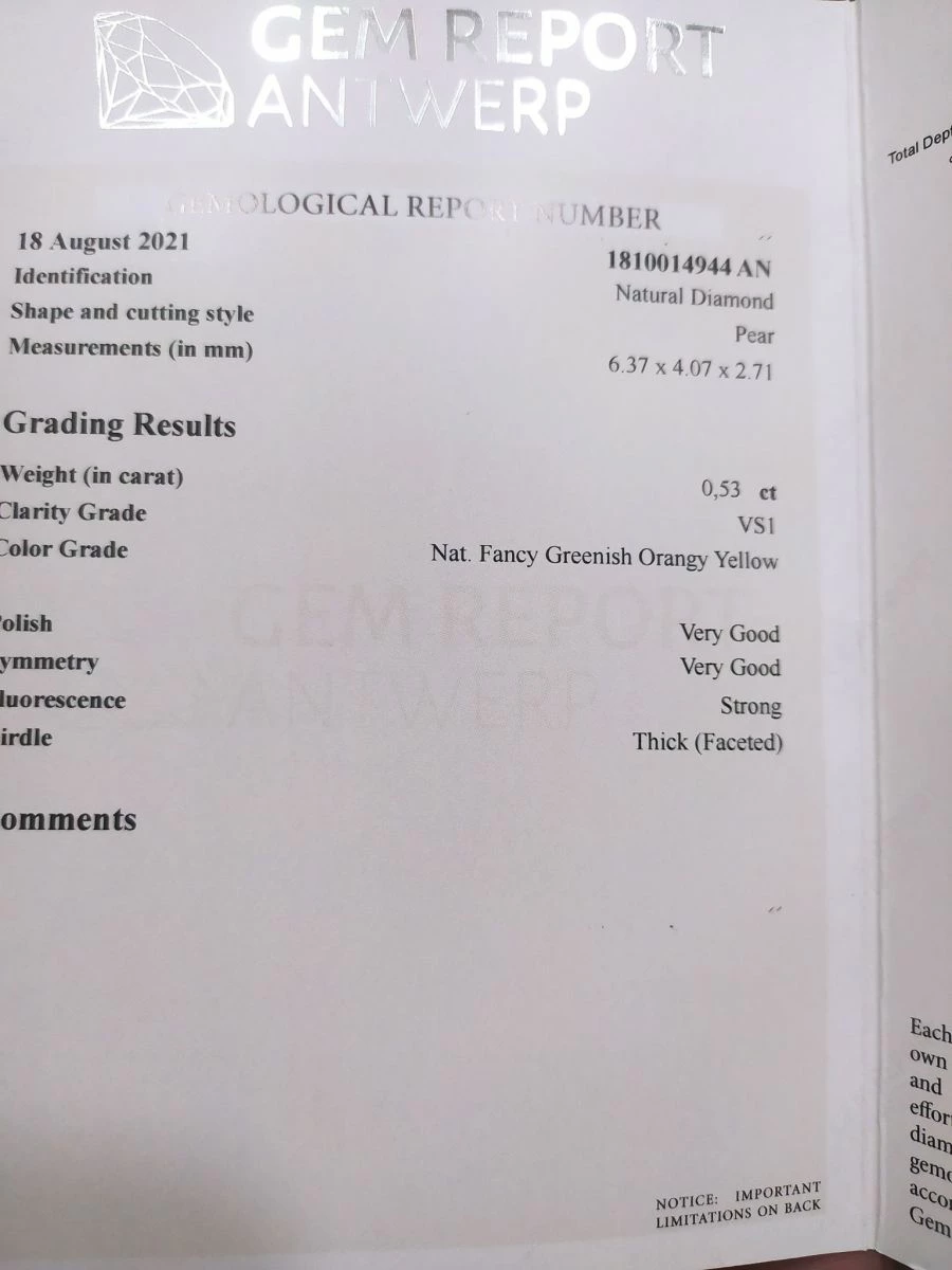 Vendora πωλειτε απο συλλεκτη πολυτιμων ορυκτων λιθων μοναδικο σπανιότατο αστραφτερο διαμάντι 0,53 Ct σε σχημα Pear Vs1 Clarity χρωματος Fancy Greenish Orange 13 Vendora πωλειτε απο συλλεκτη πολυτιμων ορυκτων λιθων μοναδικο σπανιότατο αστραφτερο διαμάντι 0,53 Ct σε σχημα Pear Vs1 Clarity χρωματος Fancy Greenish Orange - Image 11